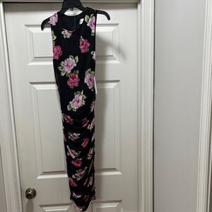 Elegant Black and Pink Floral Ruched Midi Dress